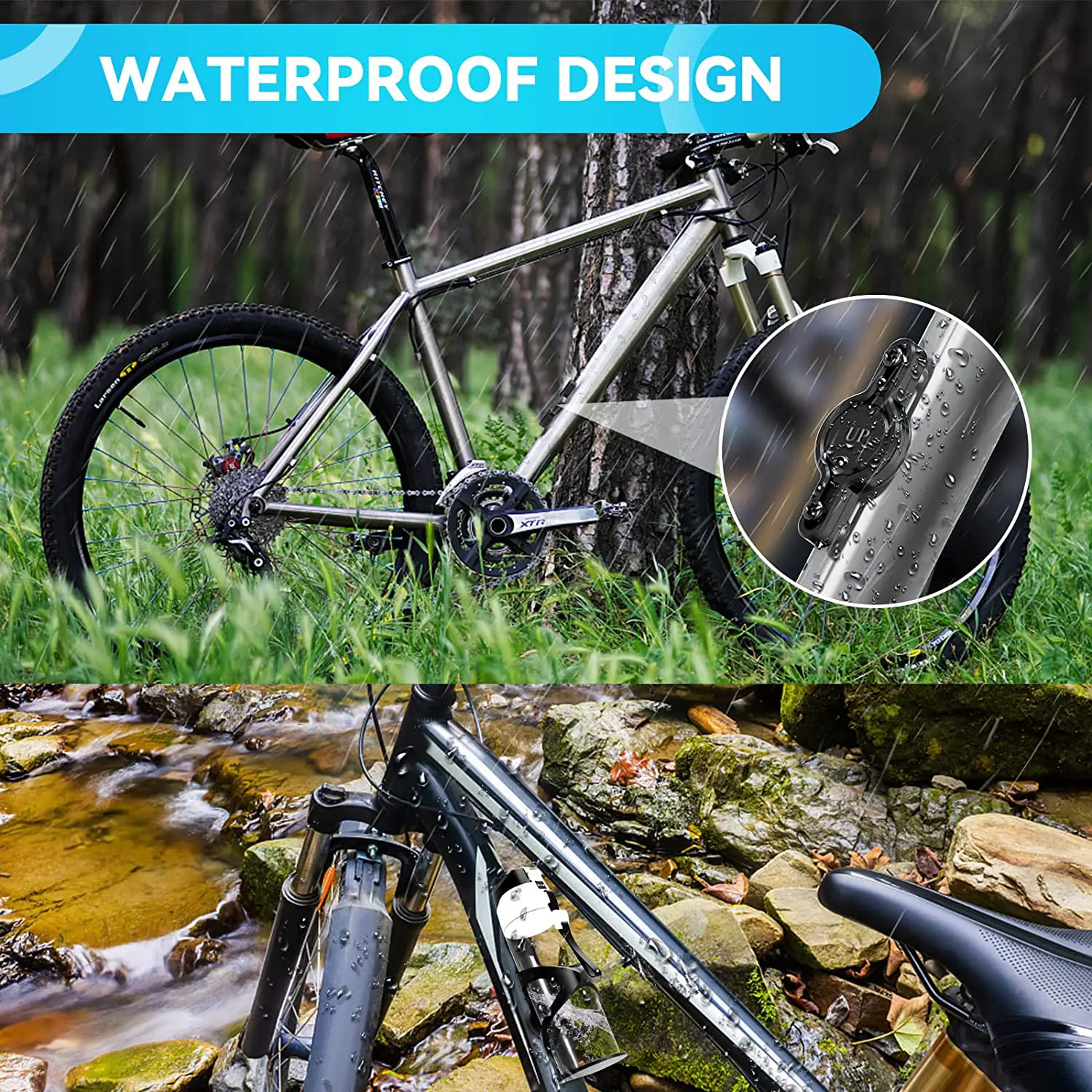 AirTag Bicicleta. Rastreador Oculto Universal para Bicicletas. Antirrobo. Aleación de Aluminio y PC Cubierta Protectora Impermeable. Vista resistencia al agua.